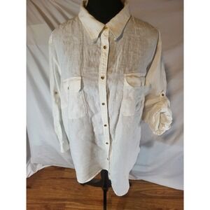 Lauren Ralph Lauren Shirt Womens 3X White Linen Roll Tab Sleeves Casual Mature